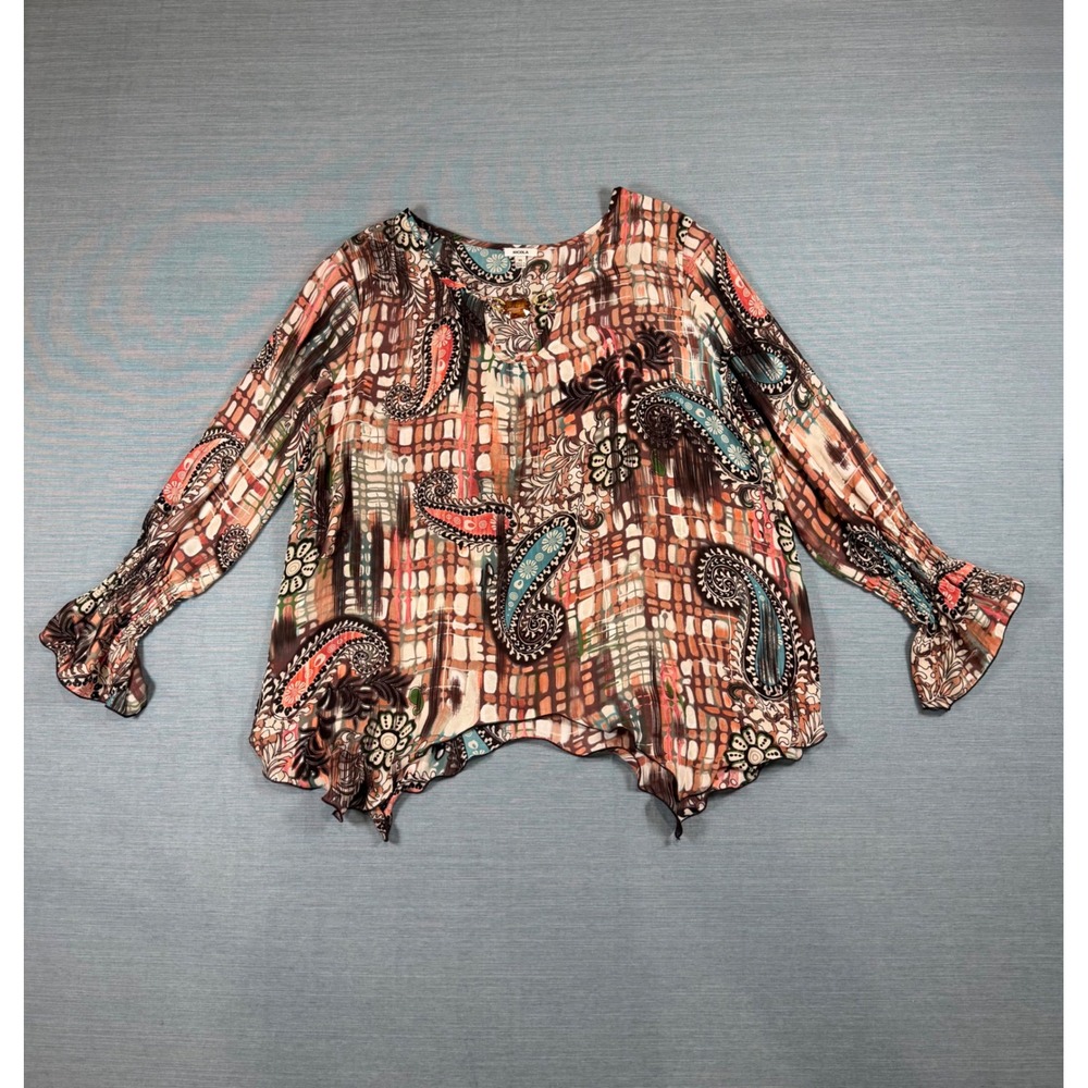 Nicola Womens XL Paisley Sharkbite Hem Blouse‎ Smocked Ruffle Sleeve Boho Top